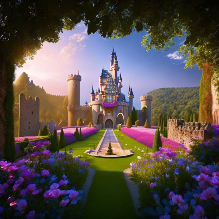 Fairytale castle with turrets in lush garden scenery