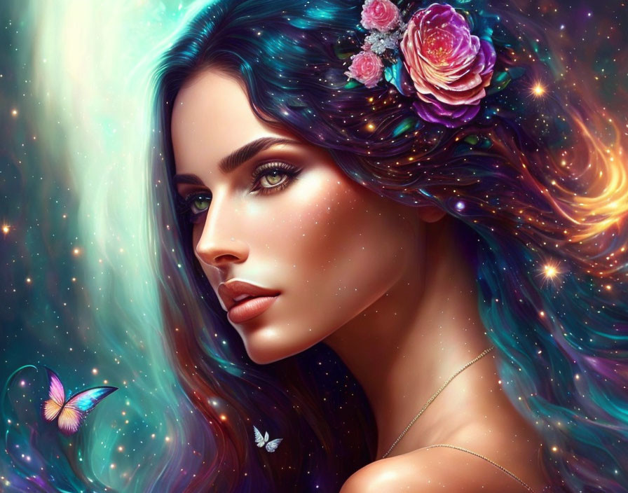 Digital portrait of woman with galaxy-themed hair and butterfly against cosmic backdrop