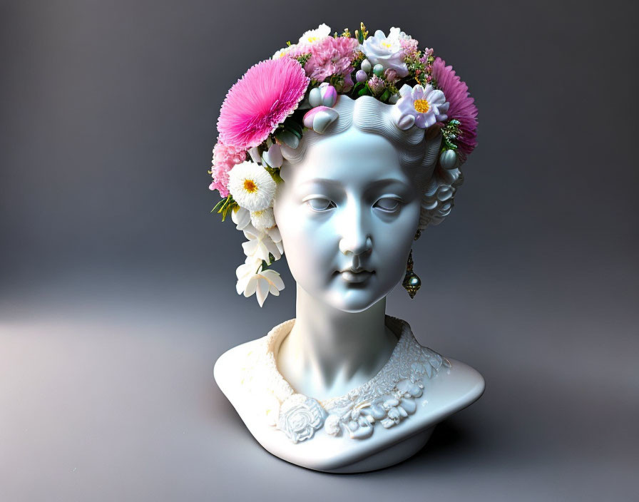 3D-rendered woman bust with flower crown and earring on grey background