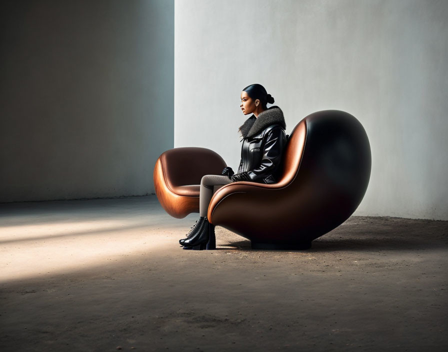 Woman sitting in modern chair in sparsely furnished room with single window and beam of light