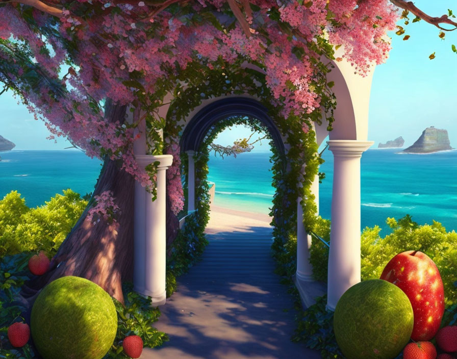 Pink Blossom Archway Overlooking Sandy Beach and Turquoise Sea