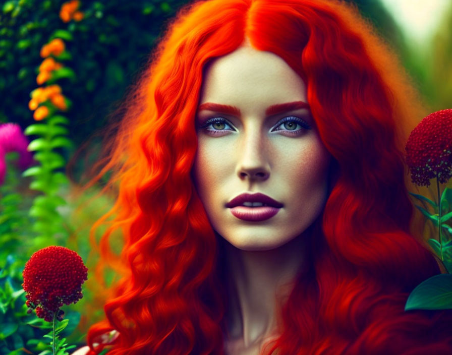 Vibrant red-haired woman with blue eyes in mystical garden scene