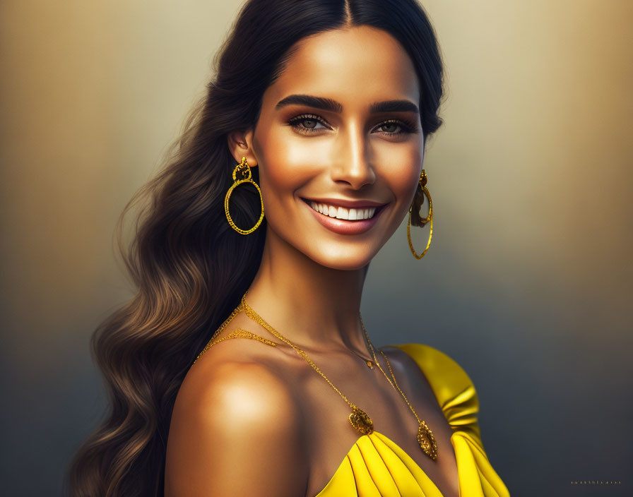 Smiling woman with wavy hair in yellow off-the-shoulder dress