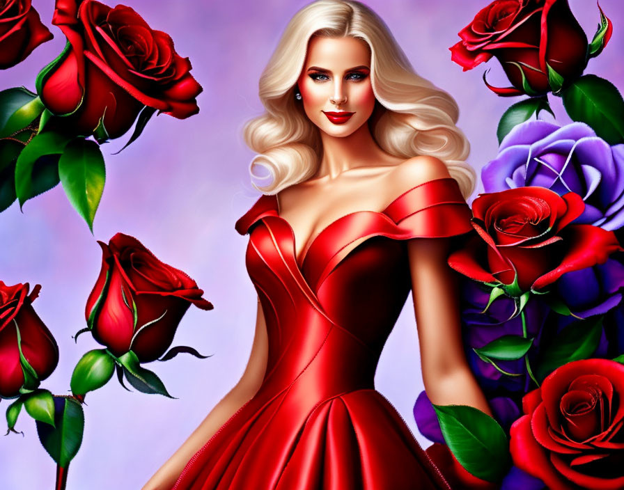 Blonde Woman in Red Dress Surrounded by Roses on Purple Background