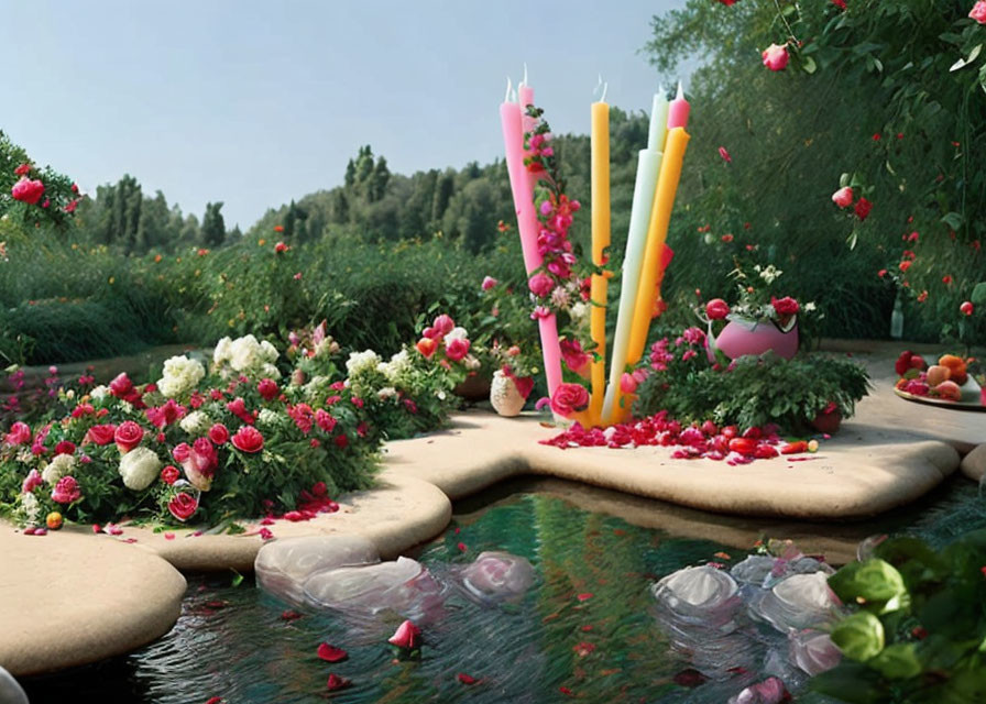 Tranquil outdoor scene with vibrant flowers, candles, stone path, and reflective pond