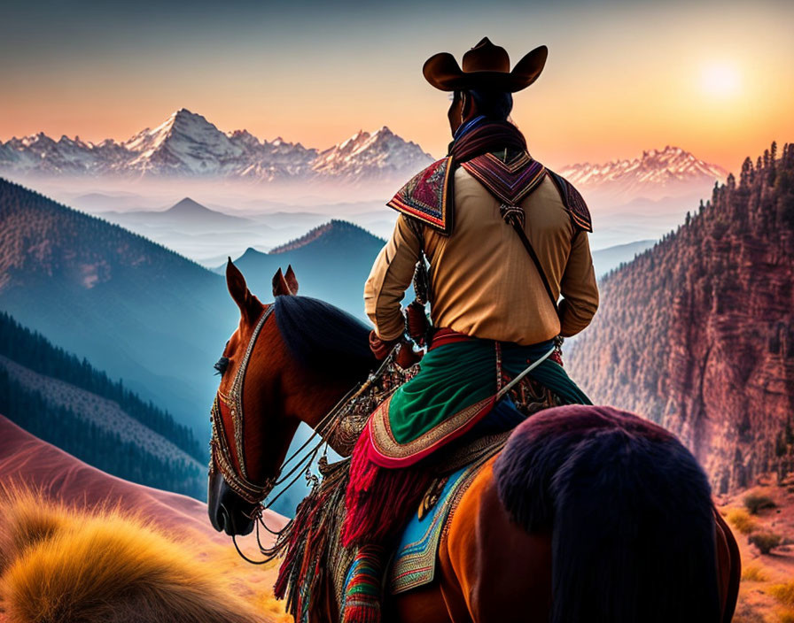 Cowboy on Horseback with Sunset Mountain View