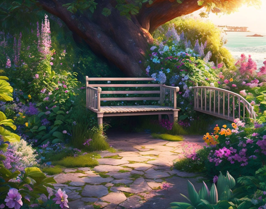 Tranquil garden with wooden bench, tree, flowers, cobblestone path