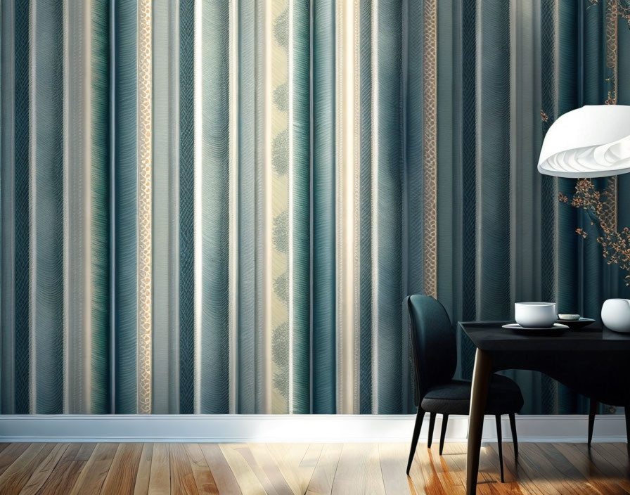 Striped Wallpaper Dining Space with Black Table & Pendant Lamp