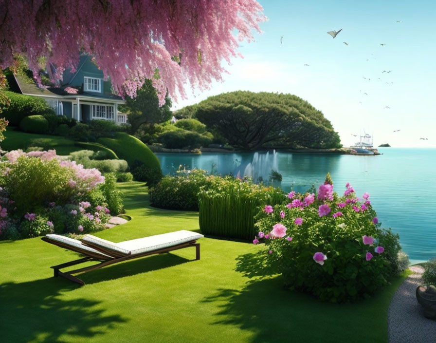 Tranquil garden with waterfront view, blooming flowers, lush greenery, and cascading waterfall