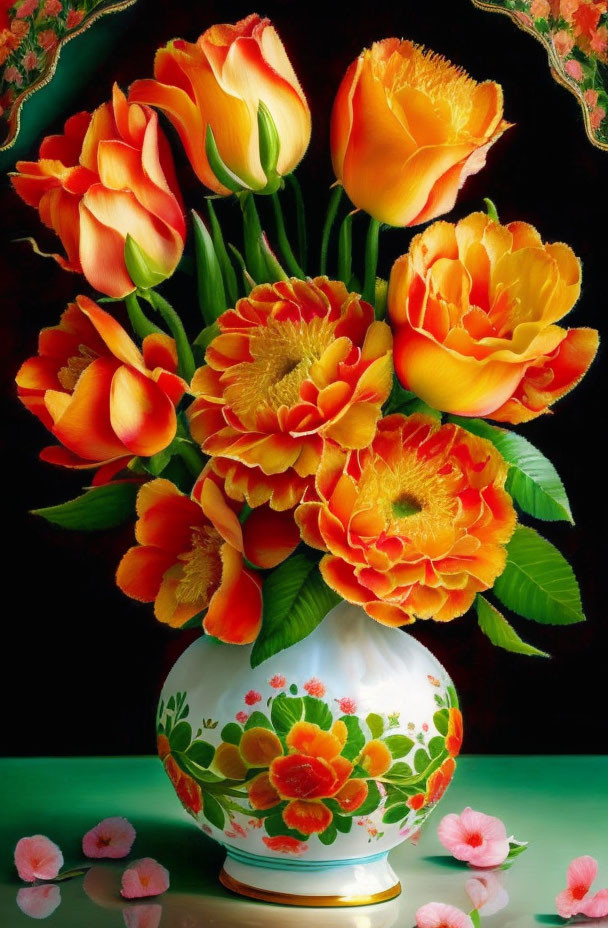 Colorful Tulips and Peonies in White Vase on Reflective Surface