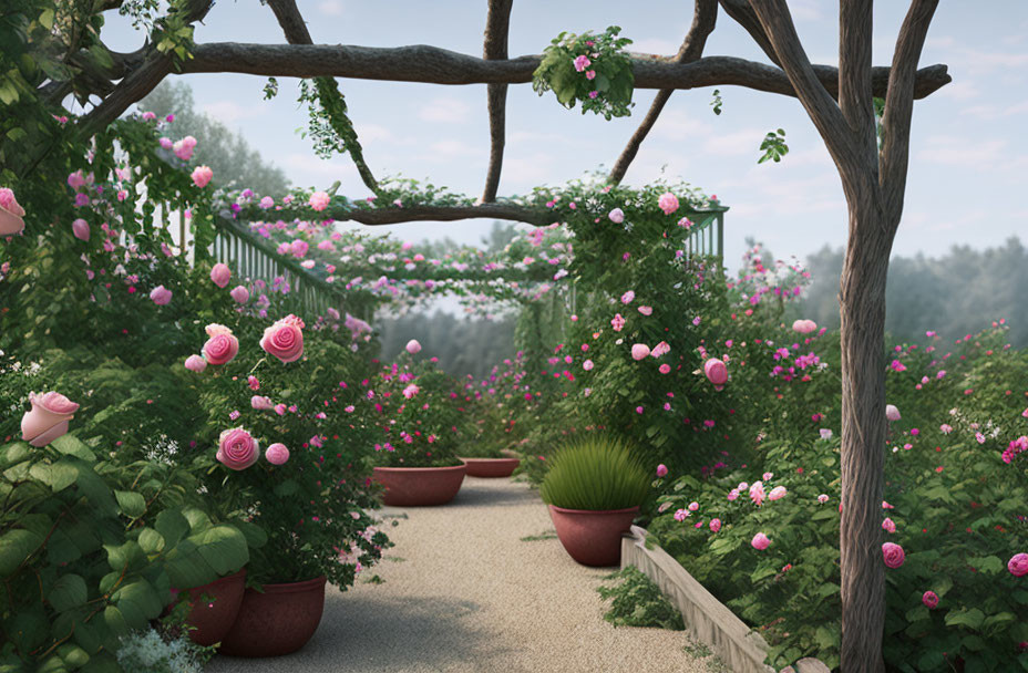 Tranquil garden path with pink roses, potted plants, and lush greenery