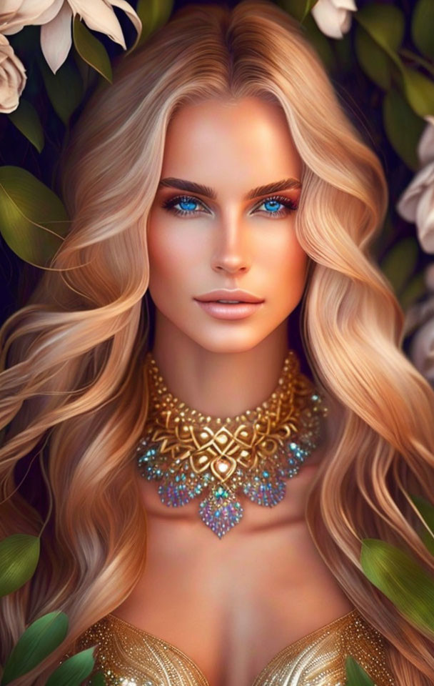 Blonde woman digital art with blue eyes and golden necklace