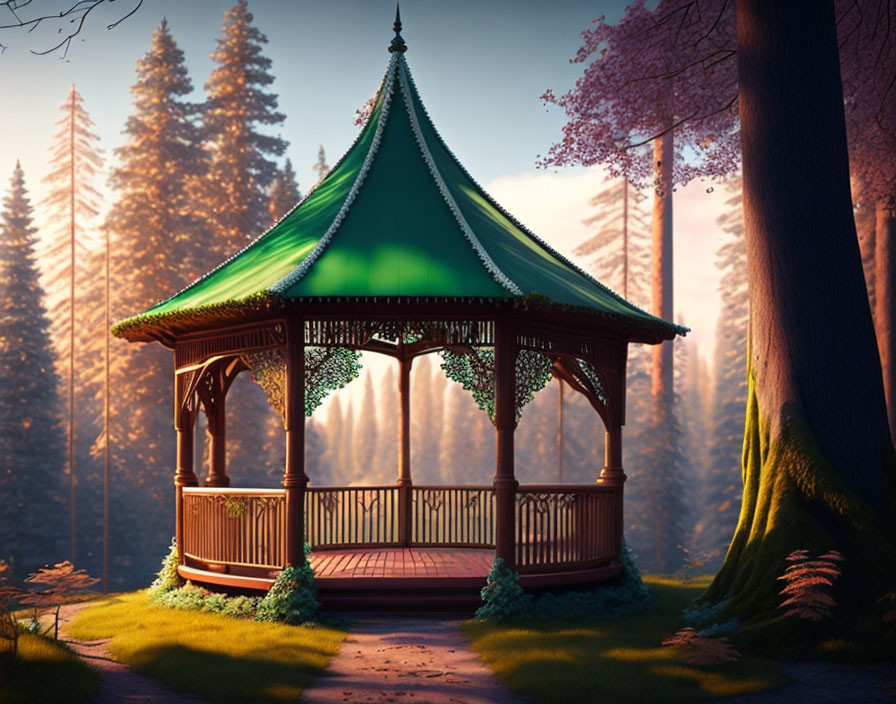 Tranquil forest gazebo with sunlight filtering through trees