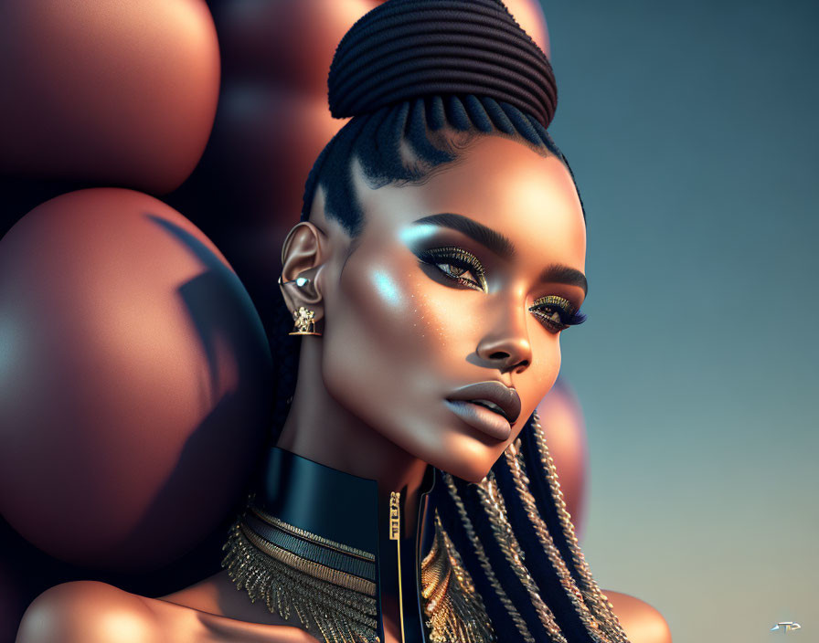 Elaborate braided hair and shimmering makeup on a digital artwork.