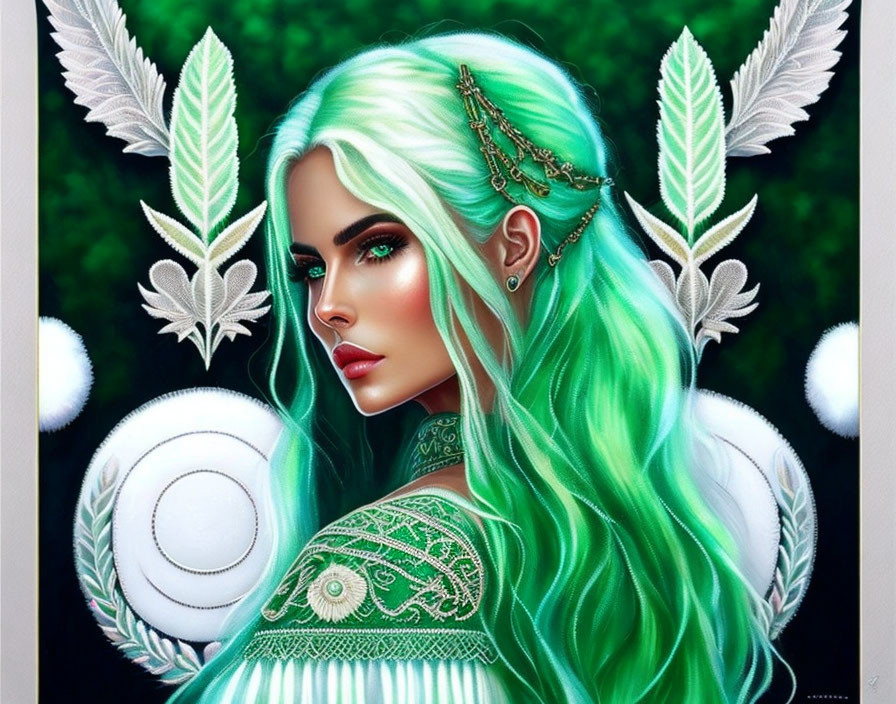 Mystical woman with green hair, emerald eyes, gold crown, feathers, tattoos