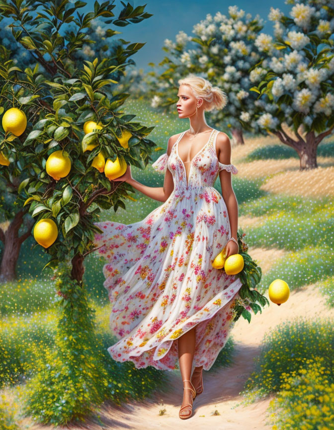 Woman in floral dress holding lemon in lemon tree garden