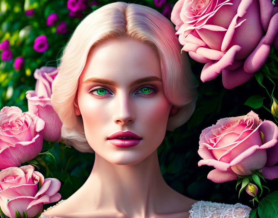 Digital Artwork: Woman with Green Eyes & Blonde Hair Among Pink Roses