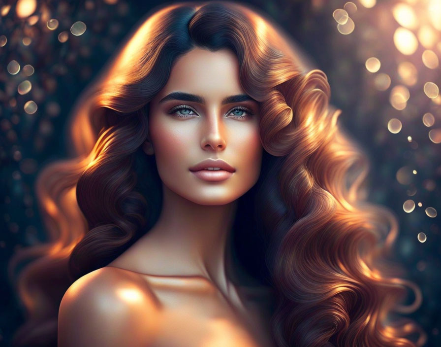 Woman's portrait with curly hair and blue eyes on bokeh background