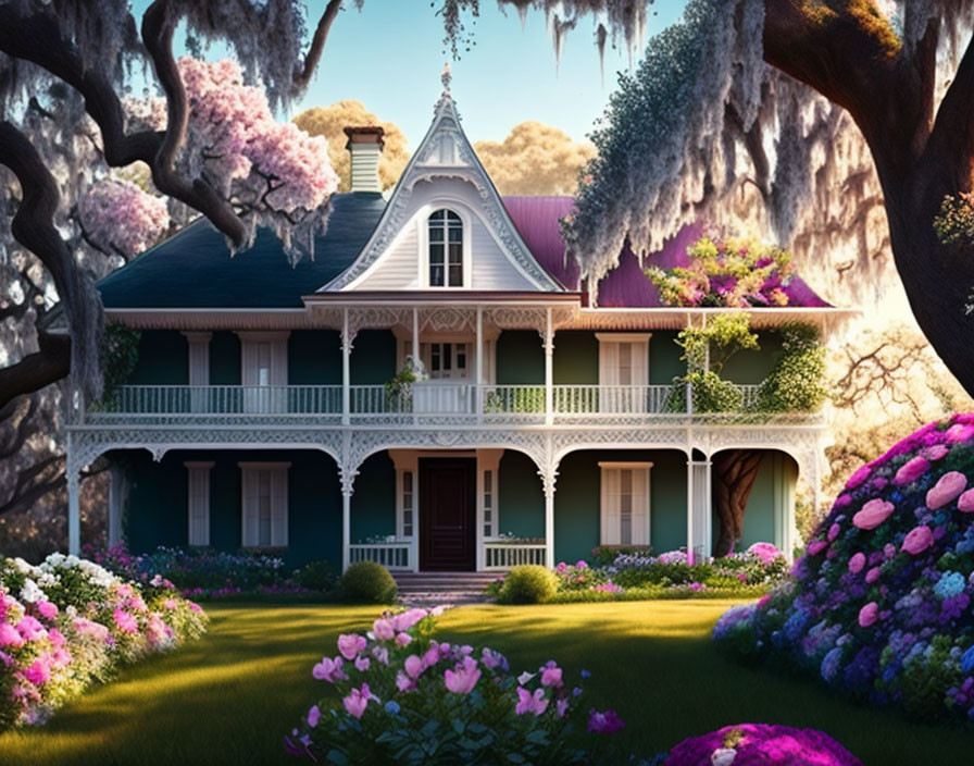 Victorian house with ornate trim, lush gardens, vibrant flowers, mossy oak trees