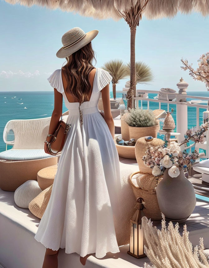 Woman in white dress and sunhat on balcony with coastal view and chic décor