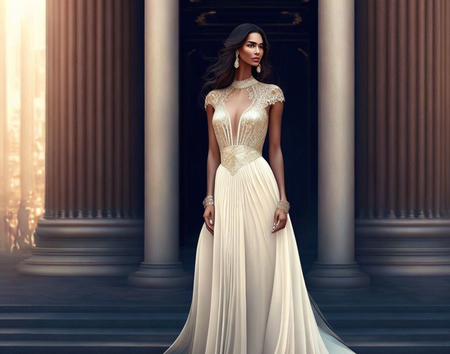 Sophisticated woman in cream gown with lace detail by grand pillars