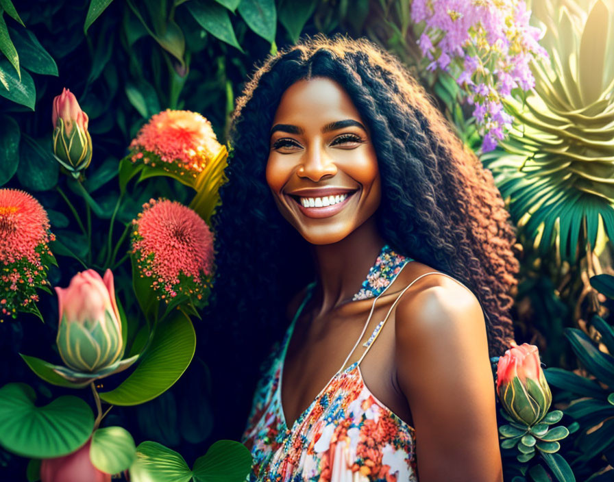 Curly-Haired Woman Surrounded by Greenery and Flowers