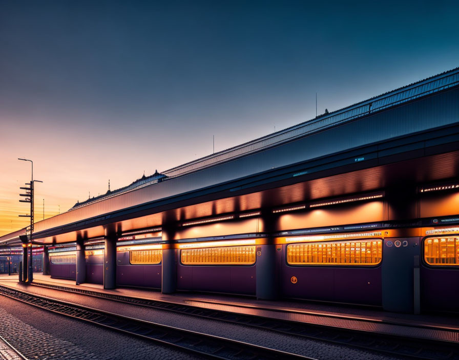 Sunset train station scene with warm light, purple train, and gradient sky