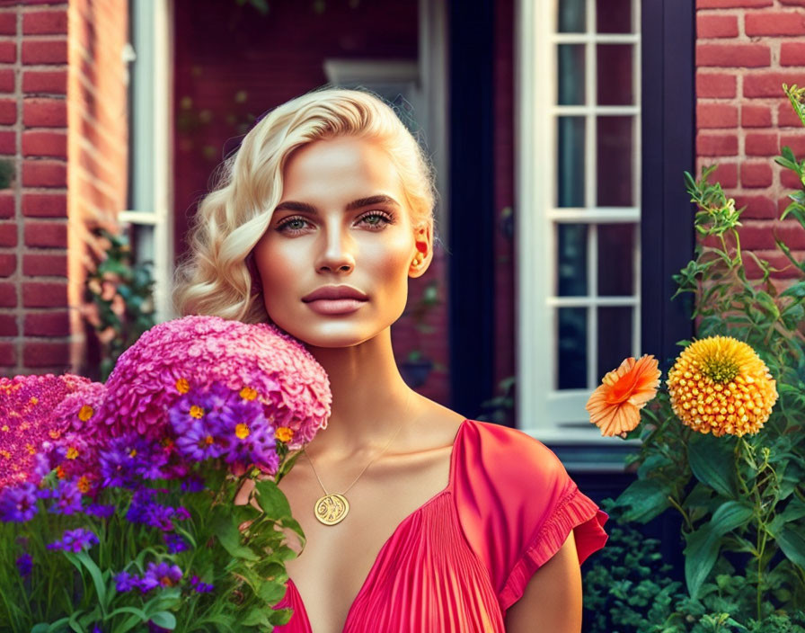 Blonde woman in red dress among vibrant flowers