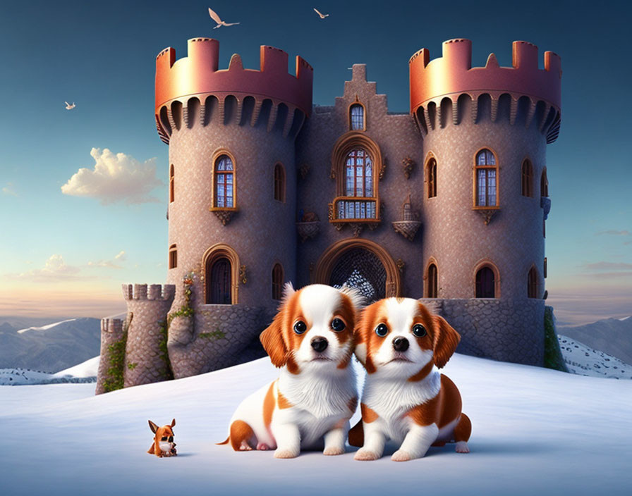 Cavalier King Charles Spaniel puppies at fairy-tale castle with mountains and fox