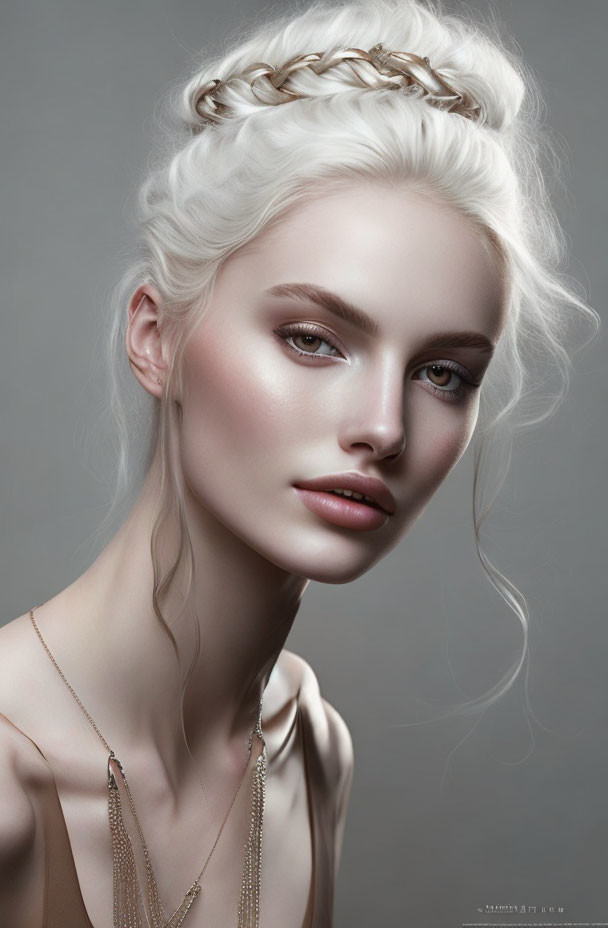 Portrait of Woman with Pale Skin and Braided Updo in Beige Top