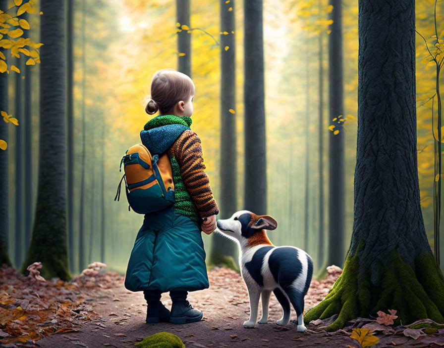 Child with backpack holding dog's paw in forest with tall trees