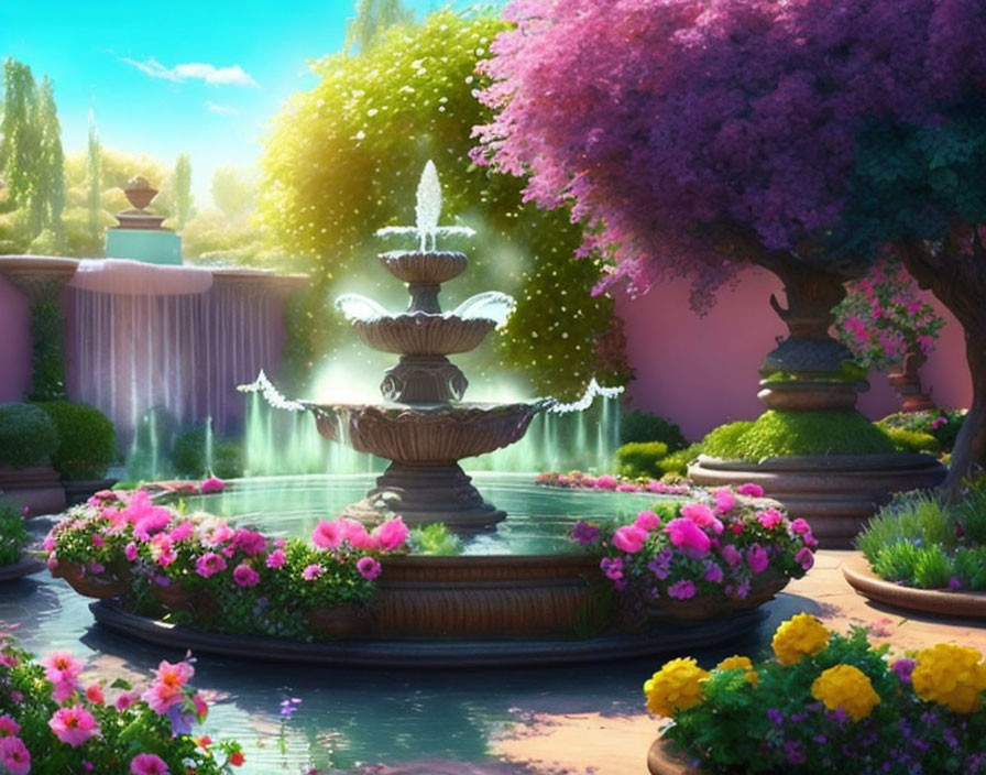 Tranquil Animated Garden with Fountain & Waterfall