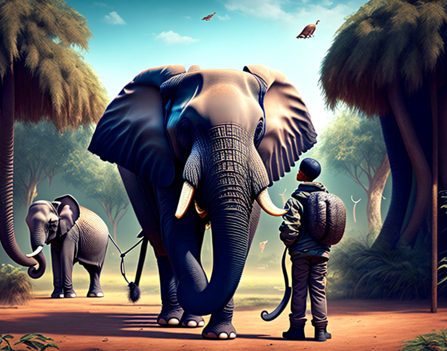 Digital illustration of two people with stylized elephants in lush forest under clear sky