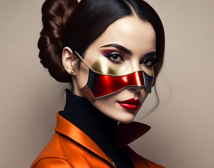 Woman with sleek hair and bold makeup in futuristic red and gold sunglasses.