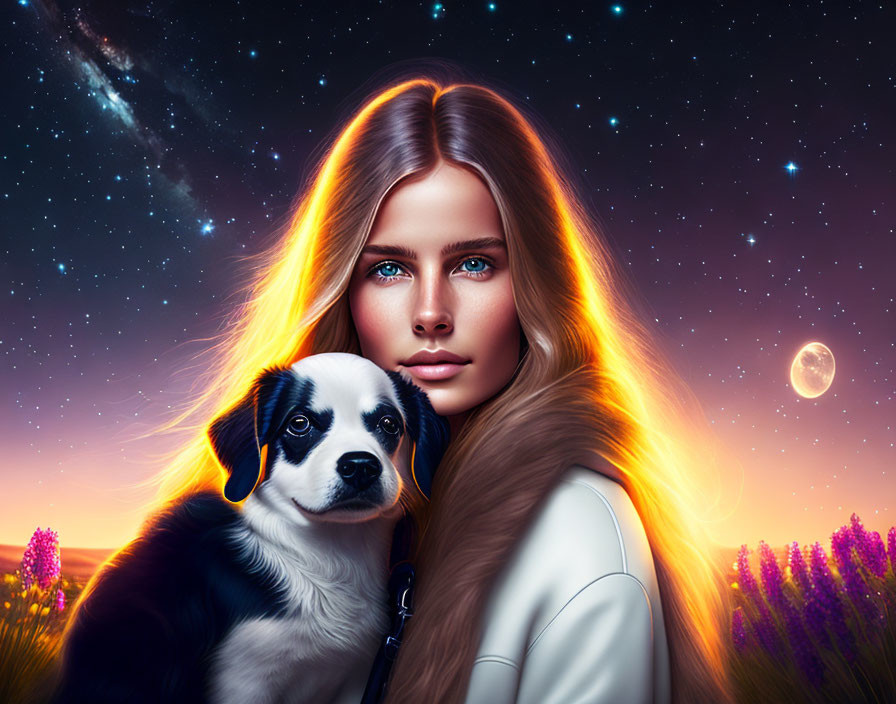 Woman with flowing hair and dog under twilight sky.