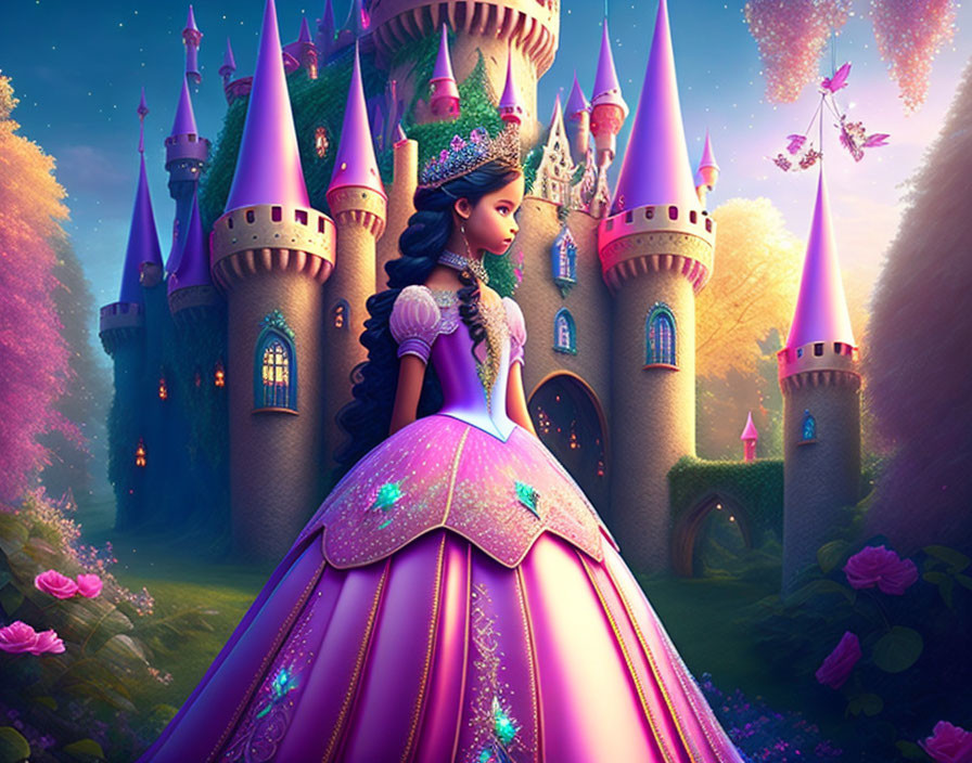 Princess in Purple Gown at Fairy-Tale Castle Twilight Scene