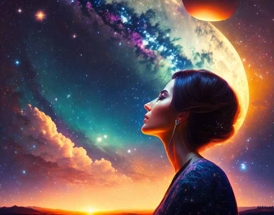 Profile of a woman with cosmic backdrop: moon, stars, sunset