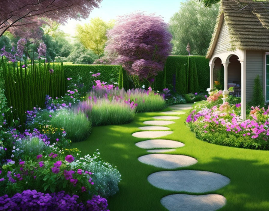 Lush garden with green lawn, flower beds, hedges, shed, and trees