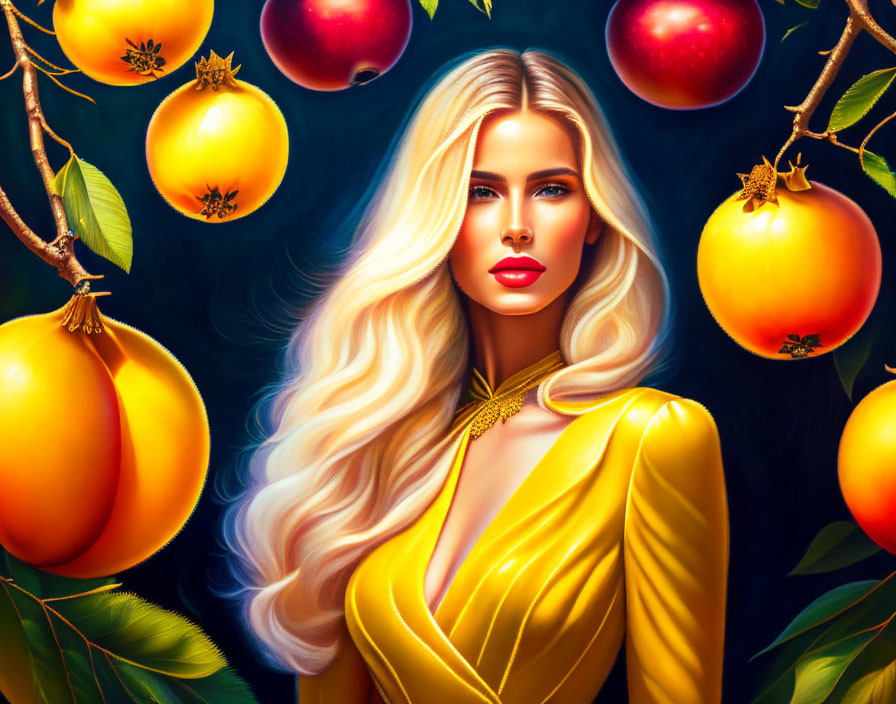 Blonde woman in yellow dress surrounded by vibrant fruits