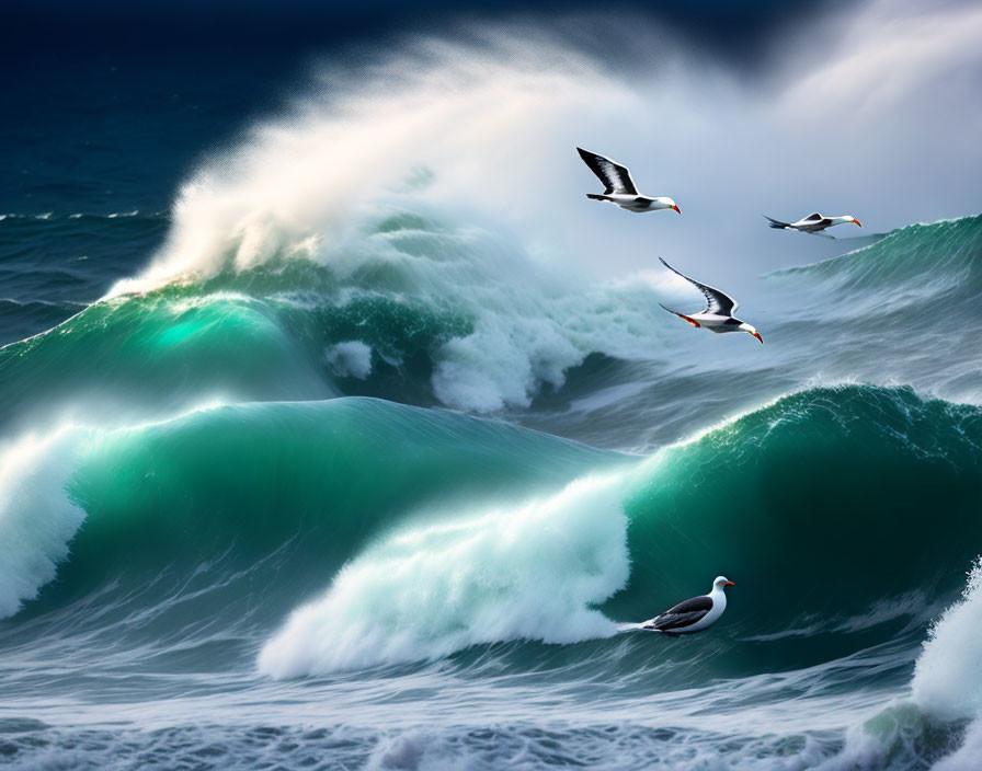 Seabirds soaring over turbulent ocean waves and moody sky