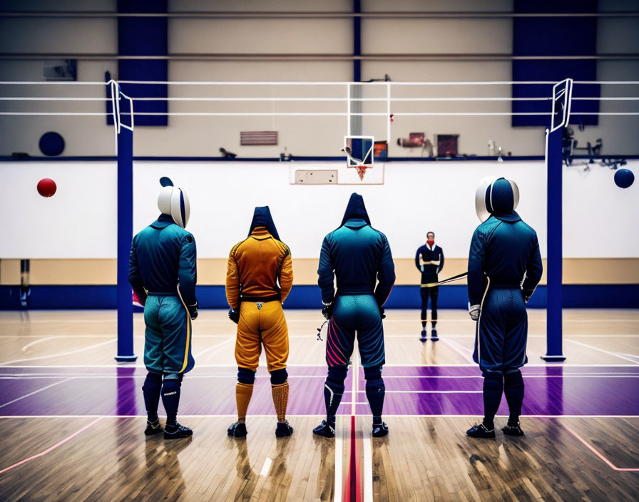 Four people in fencing gear and masks in gymnasium with basketball hoop and red ball.