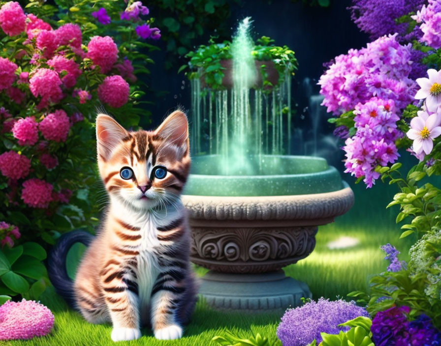 Adorable kitten with blue eyes in lush garden with fountain