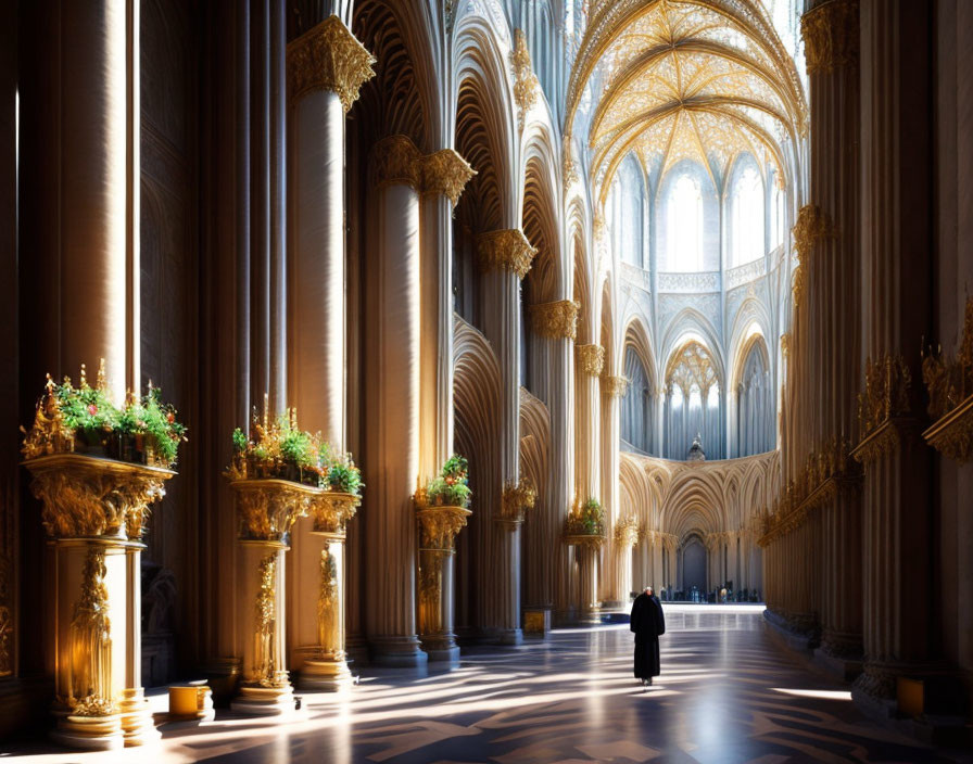 Stained glass cathedral with sunlight filtering, ornate columns, and solitary figure