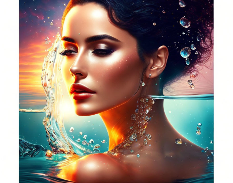 Surreal digital painting: Woman submerged in water with cosmic backdrop