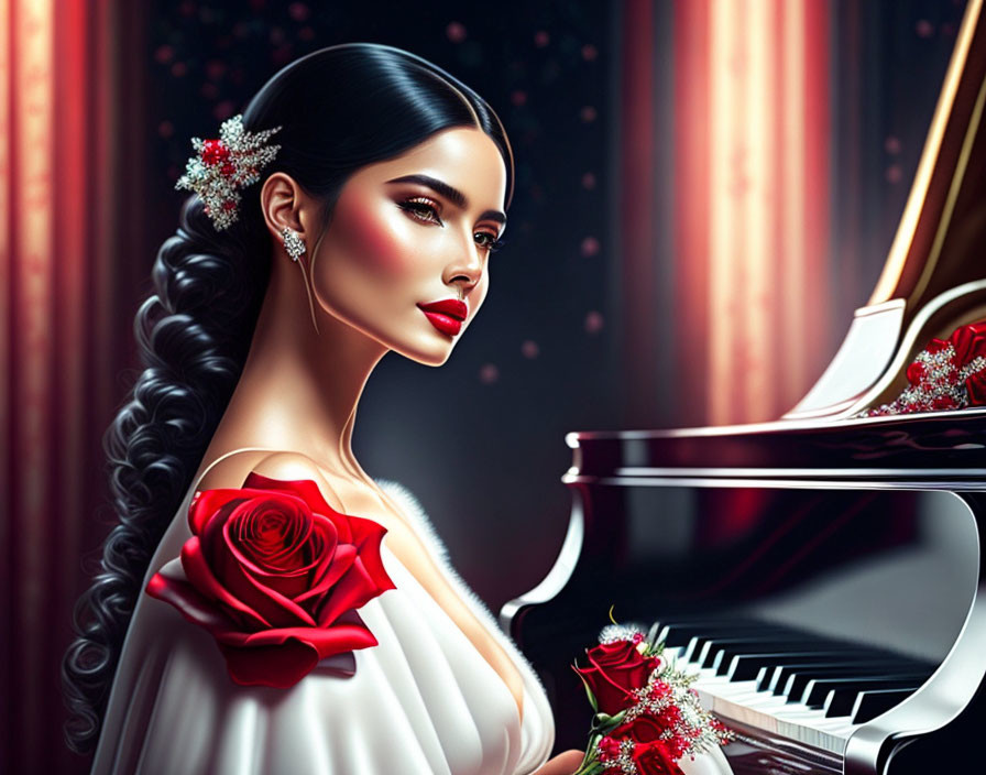 Sophisticated woman with braided hairstyle and red flowers by piano holding rose