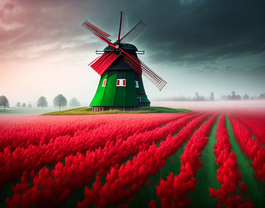 Vibrant Green Windmill in Field of Blooming Red Tulips