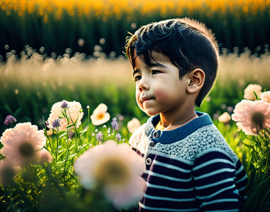 Child in blooming flower field at golden hour