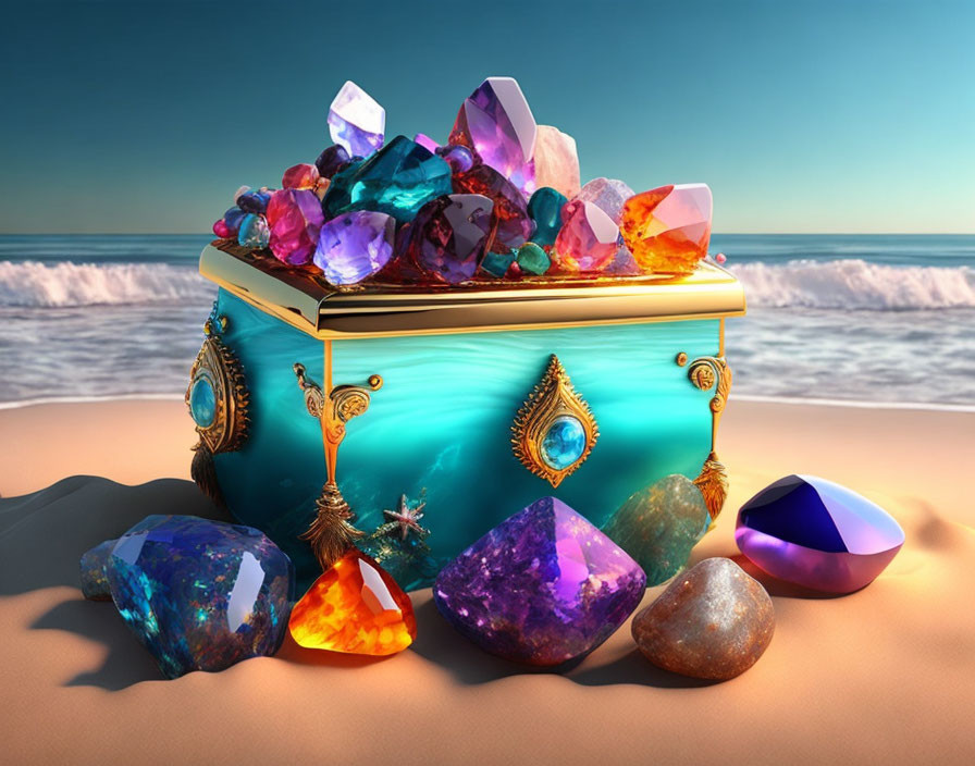 Colorful Gemstones in Vibrant Treasure Chest on Sandy Beach