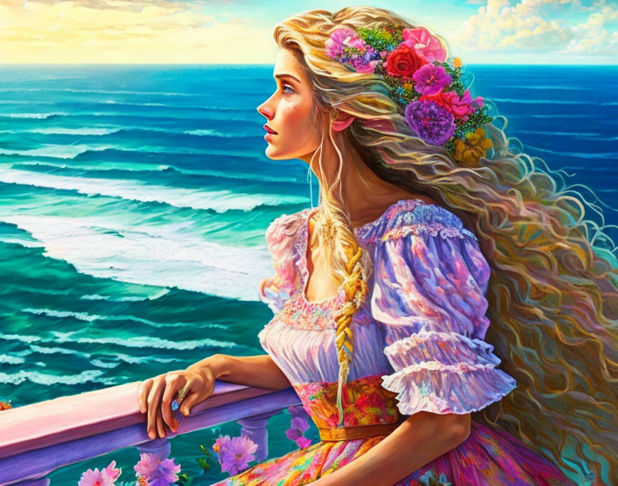 Woman with long, wavy hair and floral headpiece on balcony overlooking the sea in vibrant dress