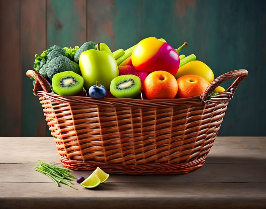 Colorful Basket of Fresh Fruits & Vegetables on Wooden Background